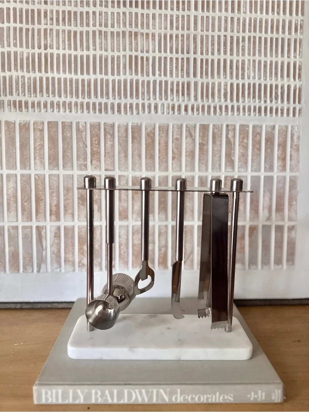 Vintage Set of Hanging Cocktail Stainless Steel Tools in Marble Base